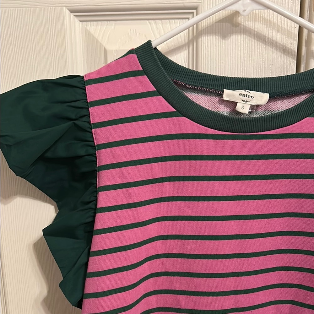 Entro Pink and Green Ruffle Sleeve Blouse